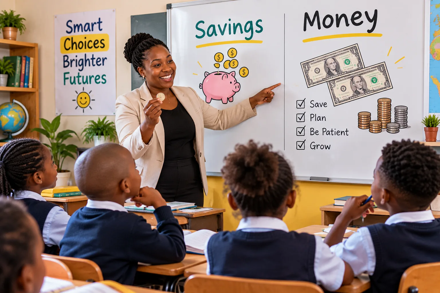 A teacher teaching children about savings and money